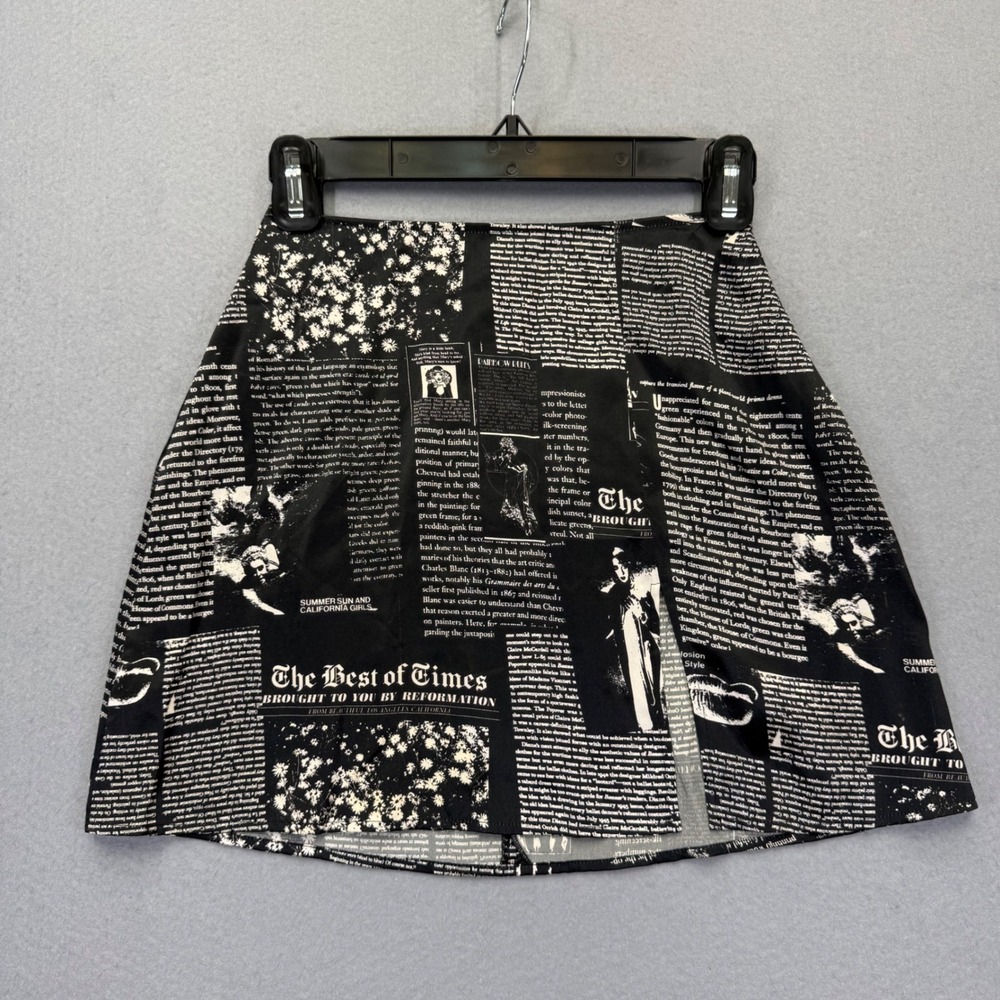 Reformation Black White Silk Newspaper Print Mini Skirt The Best of Times XXS